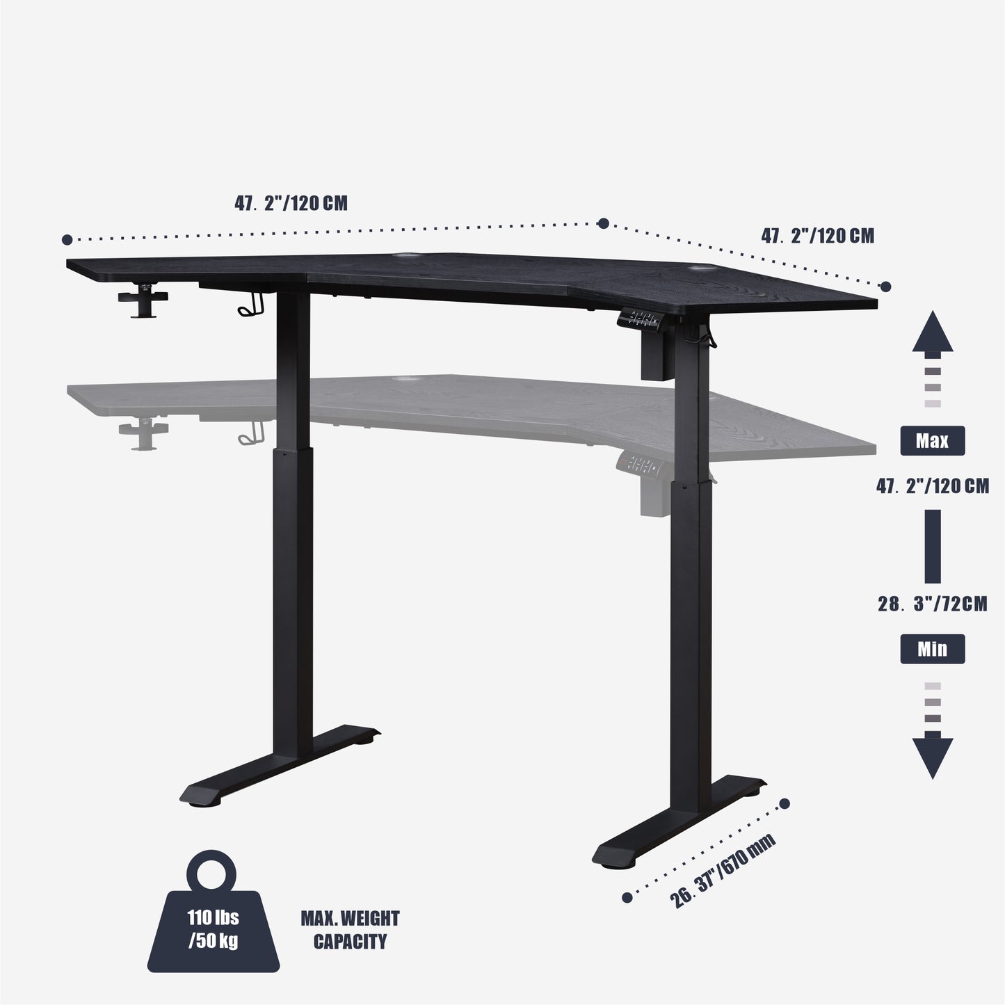 KOWO K314 Corner Electric Height Adjustable Standing Desk with Back Board and Drawer, Black