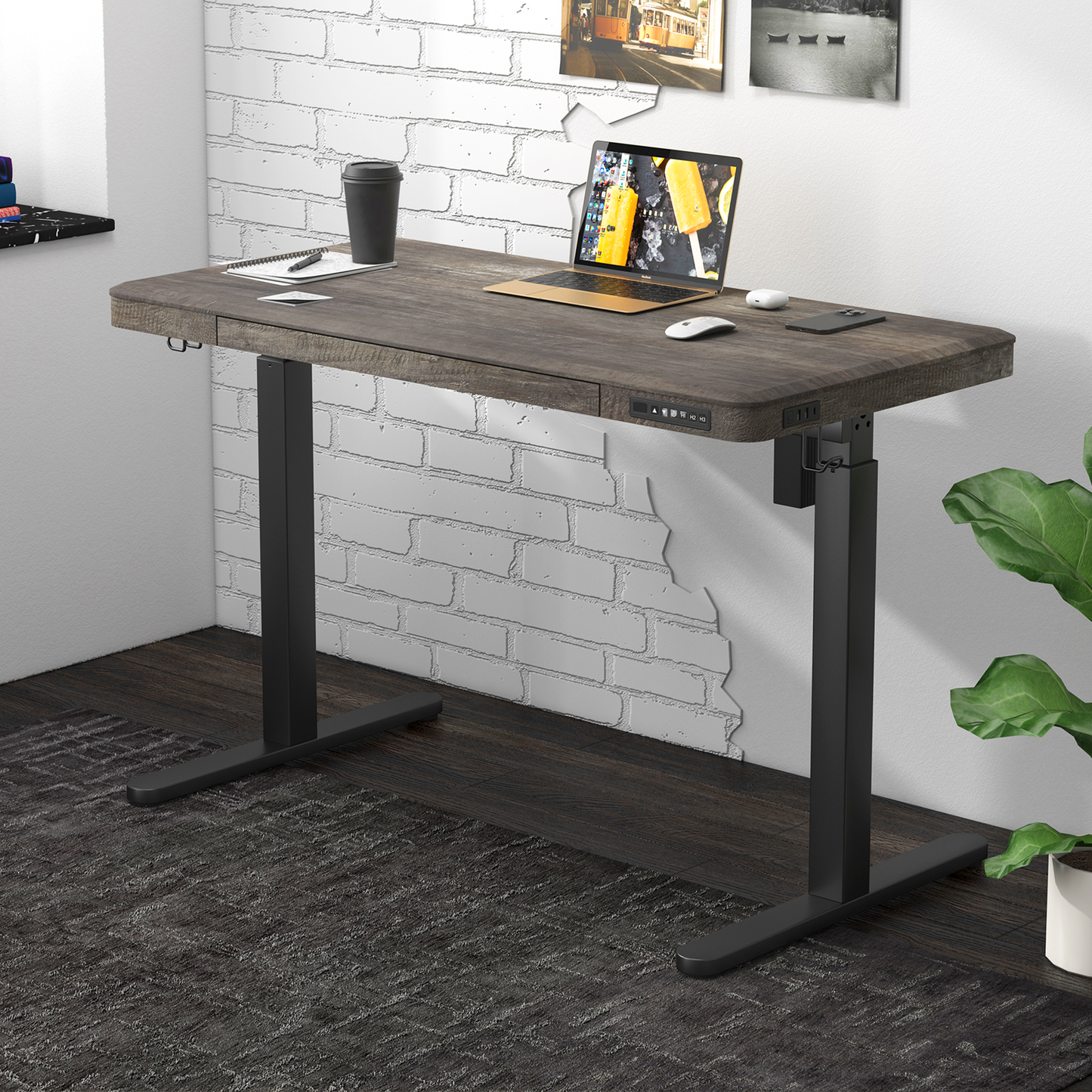 KOWO 48" K3101 Electric Height Adjustable Standing Desk with drawers,Grey Oak/Black