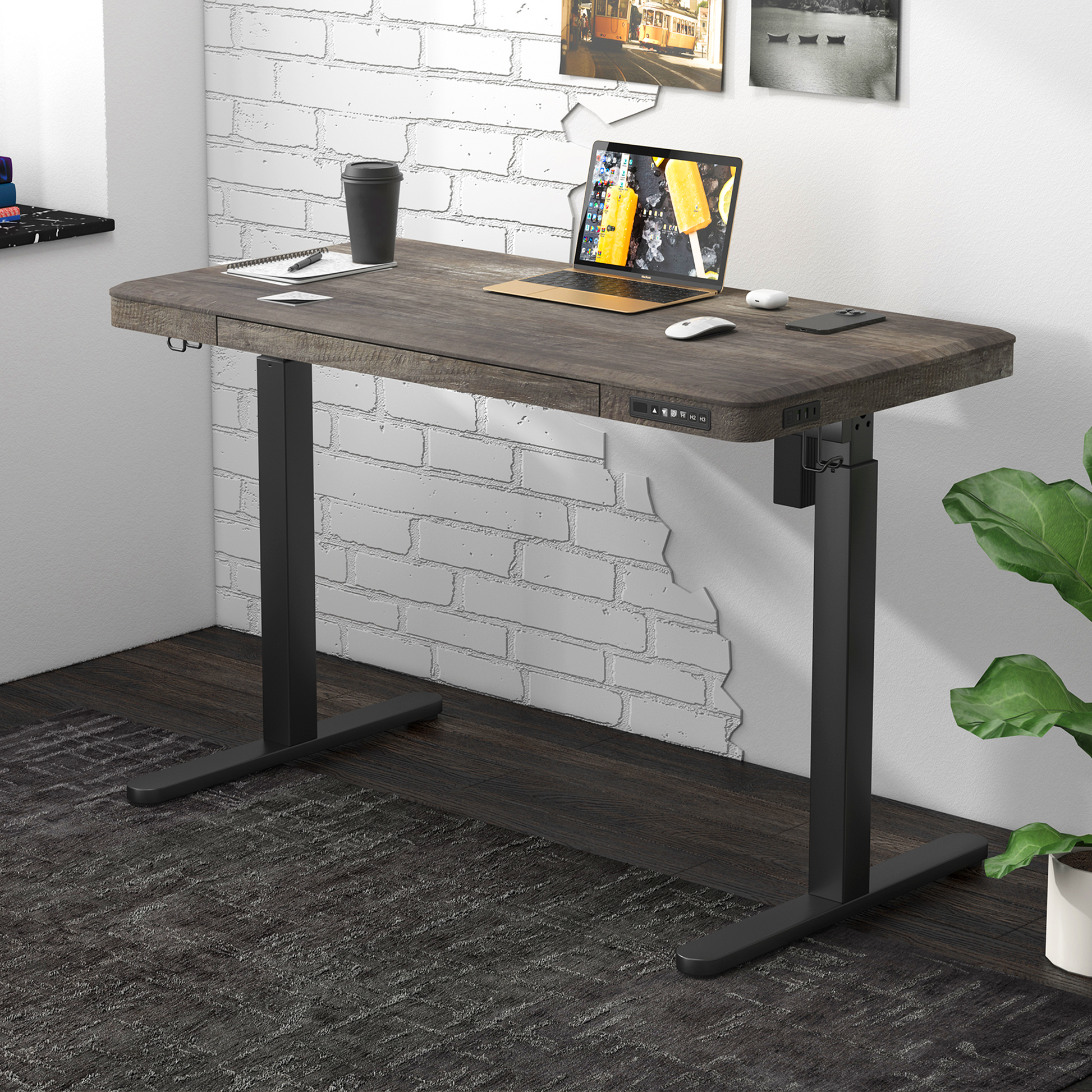 KOWO 48" K3101 Electric Height Adjustable Standing Desk with drawers,Grey Oak/Black