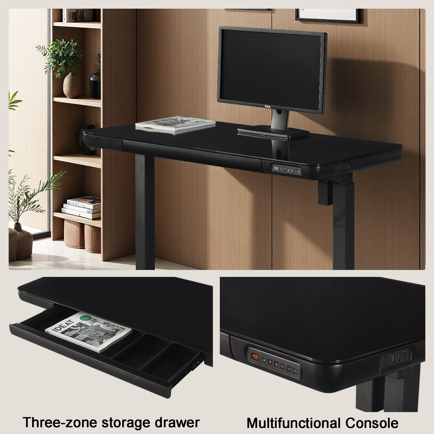 KOWO 48" K3024 Electric Height Adjustable Standing Desk with Tempered Glass Top，Black