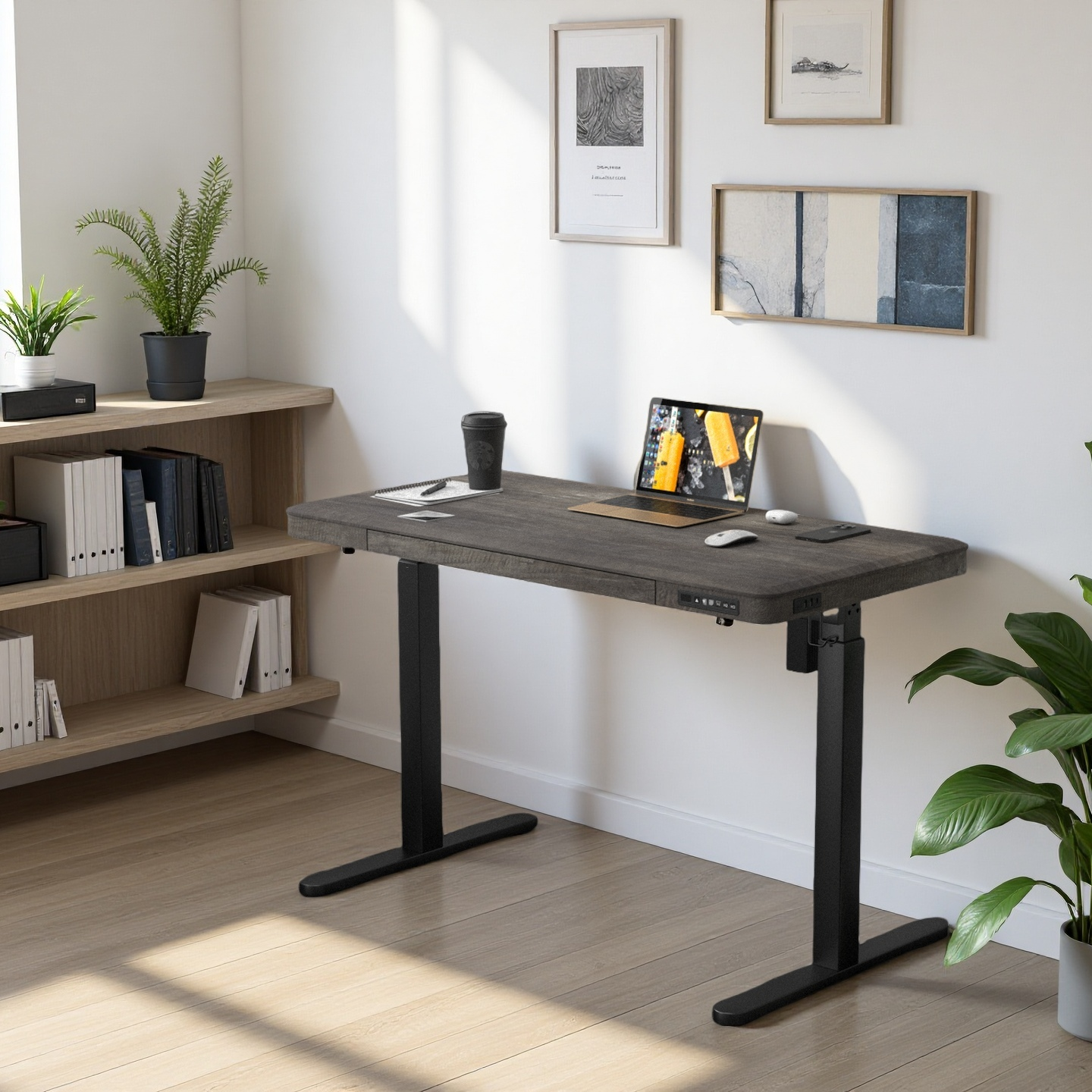 KOWO 48" K3101 Electric Height Adjustable Standing Desk with drawers,Grey Oak/Black