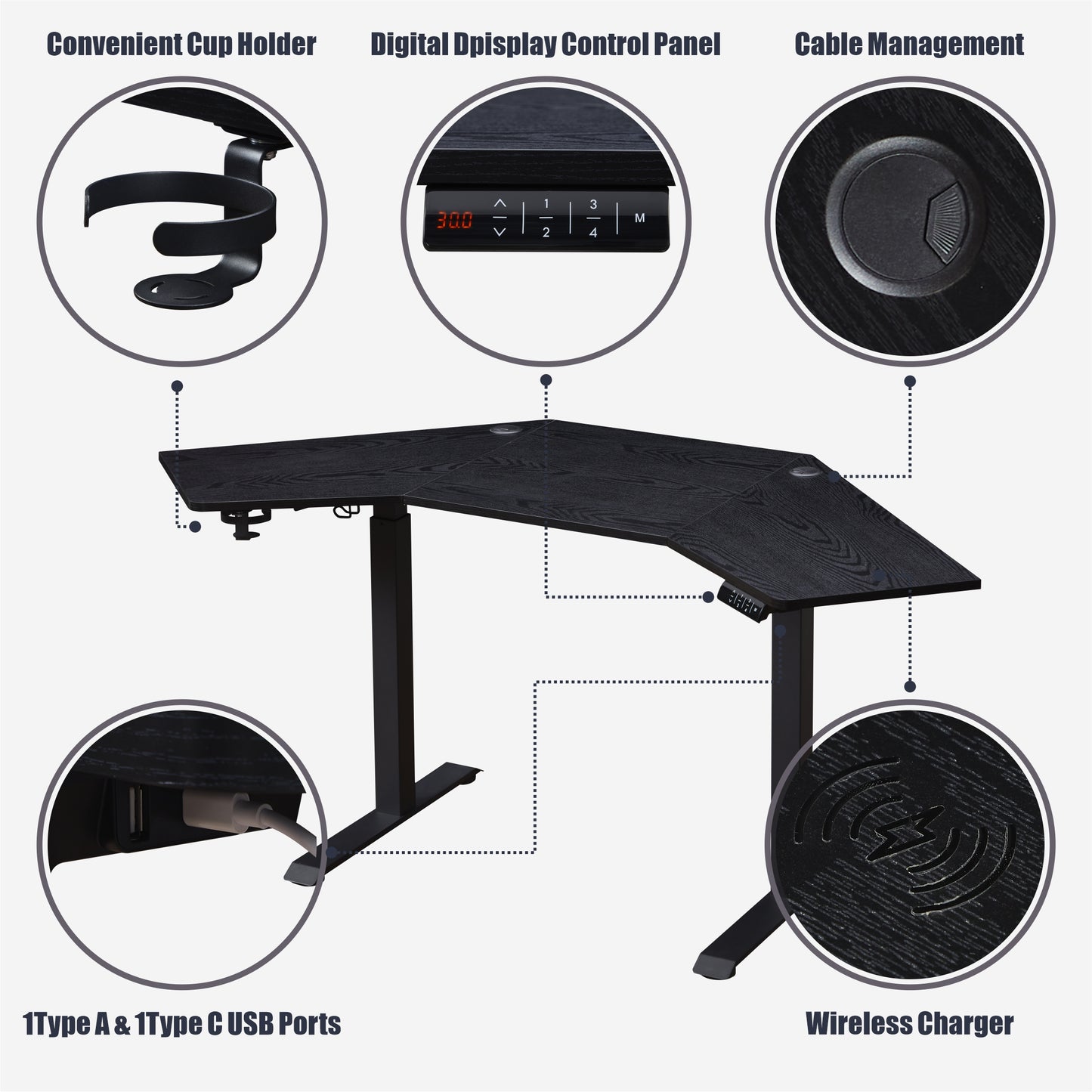 KOWO K314 Corner Electric Height Adjustable Standing Desk with Back Board and Drawer, Black