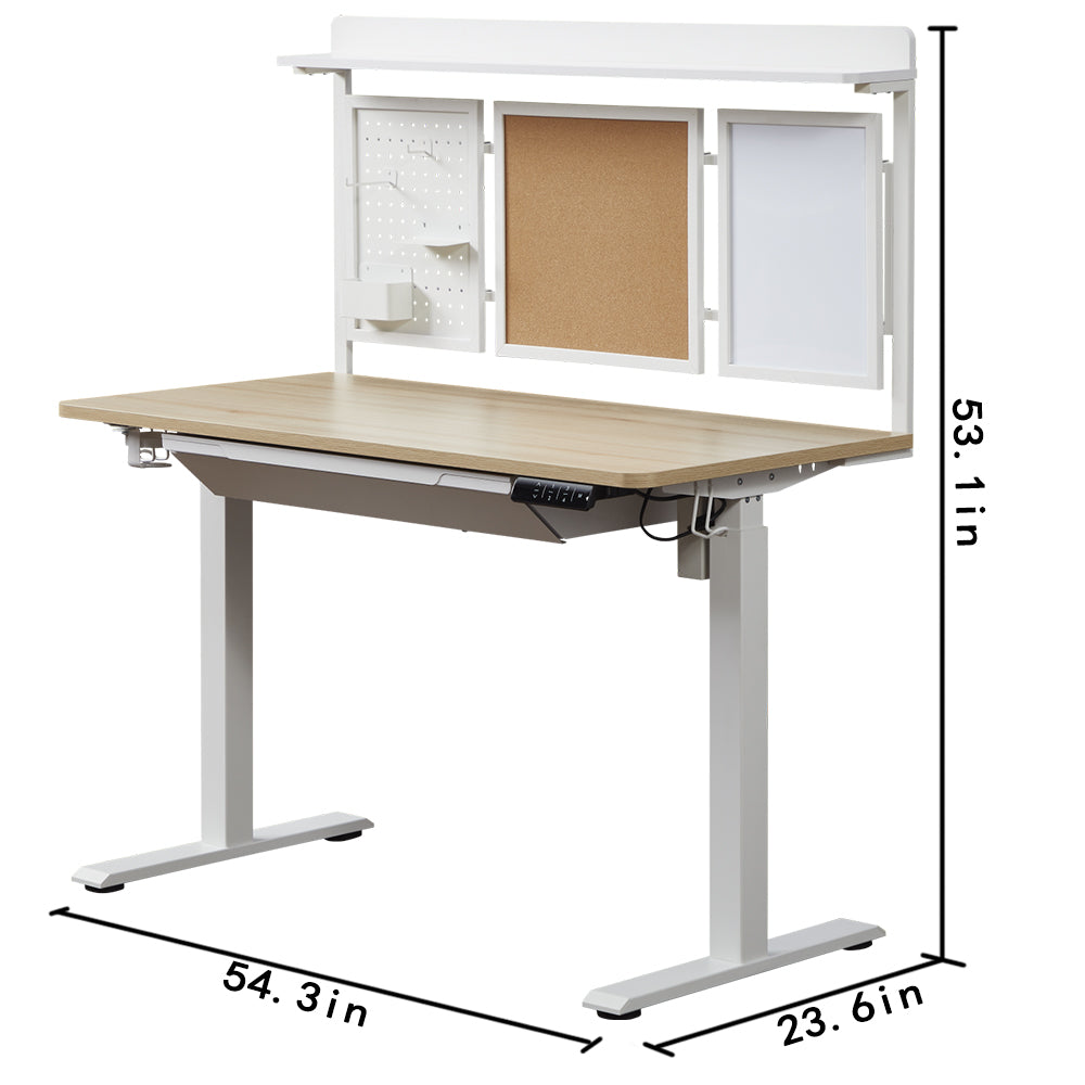 KOWO 55" K305 Electric Height Adjustable Standing Desk with Back Board and Drawer, Natural/White