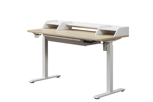 KOWO 55" K304 Electric Height Adjustable Standing Desk with Hutch and Drawer, Natural/White
