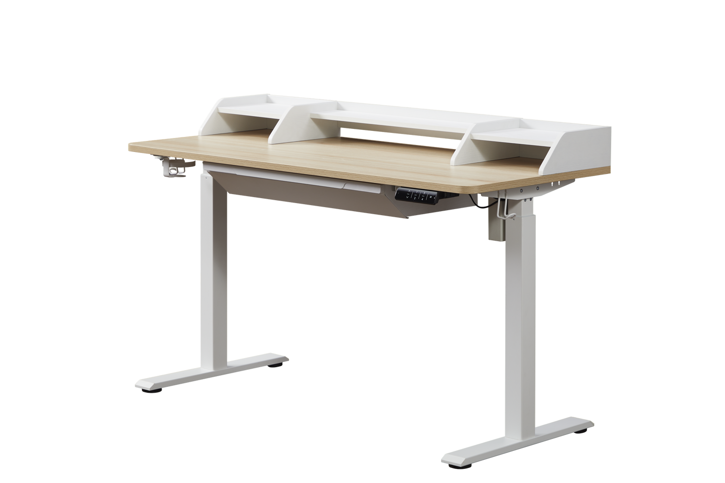 KOWO 55" K304 Electric Height Adjustable Standing Desk with Hutch and Drawer, Natural/White