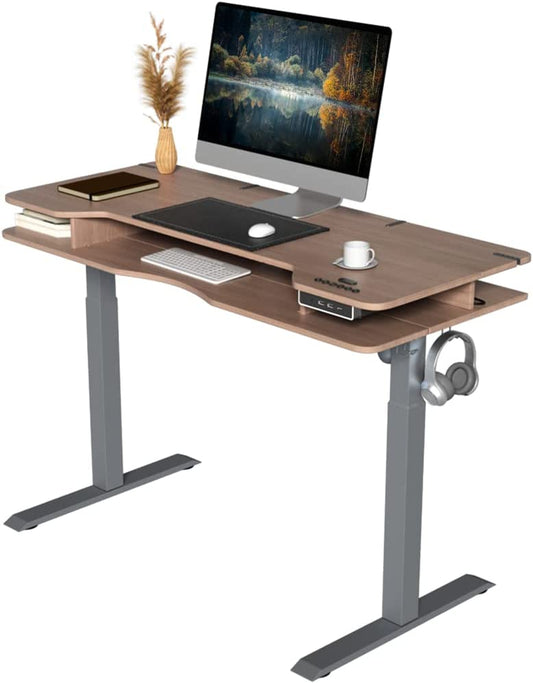 Height Adjustable Electric Standing Desk with Storage Shelves, KOWO 47" Stand Up Home Office Desk with Keyboard Shelf (Grey