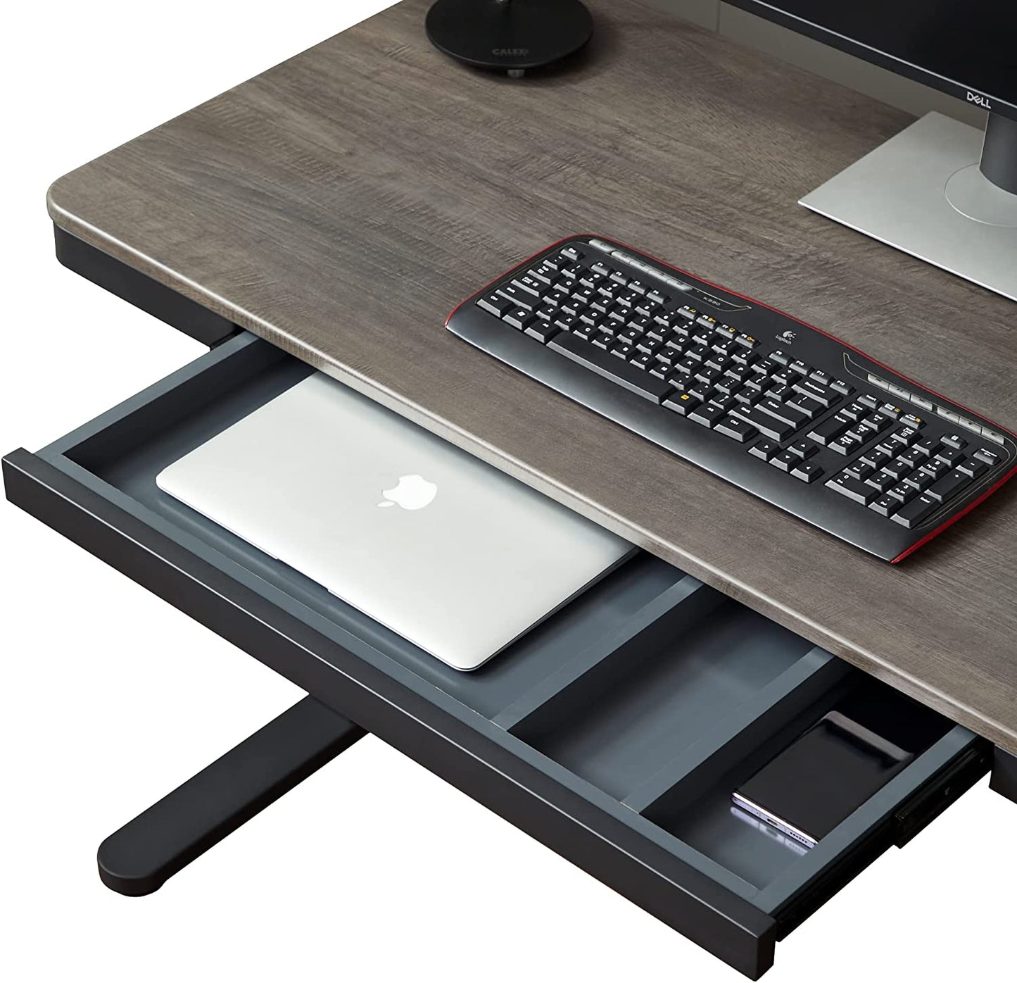 KOWO Electric Standing Desk with Drawers Integrated Wireless Charger, 48" Adjustable Height Whole Piece Desktop Home Office Computer Desk, Grey Oak/Black