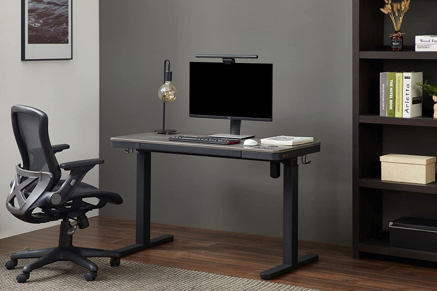 KOWO Electric Standing Desk with Drawers Integrated Wireless Charger, 48" Adjustable Height Whole Piece Desktop Home Office Computer Desk, Grey Oak/Black