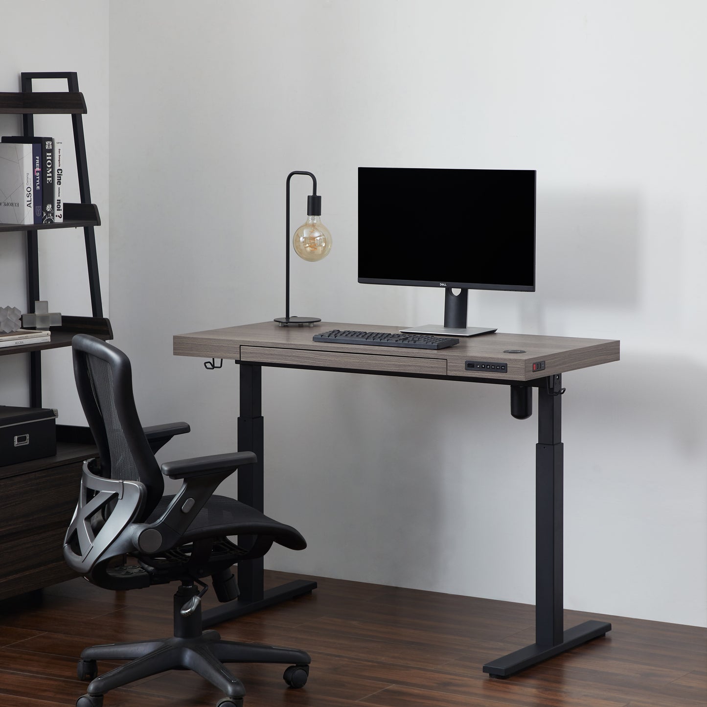 KOWO Electric Height Adjustable Standing Desk with Drawer, 48" Home Office Wooden Computer Desk Ergonomic Memory Control Workstation Sit Stand Desk, Grey Oak/Black