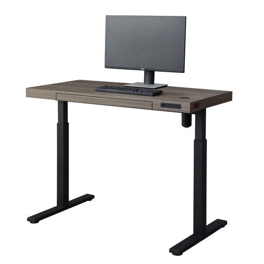 KOWO Electric Height Adjustable Standing Desk with Drawer, 48" Home Office Wooden Computer Desk Ergonomic Memory Control Workstation Sit Stand Desk, Grey Oak/Black
