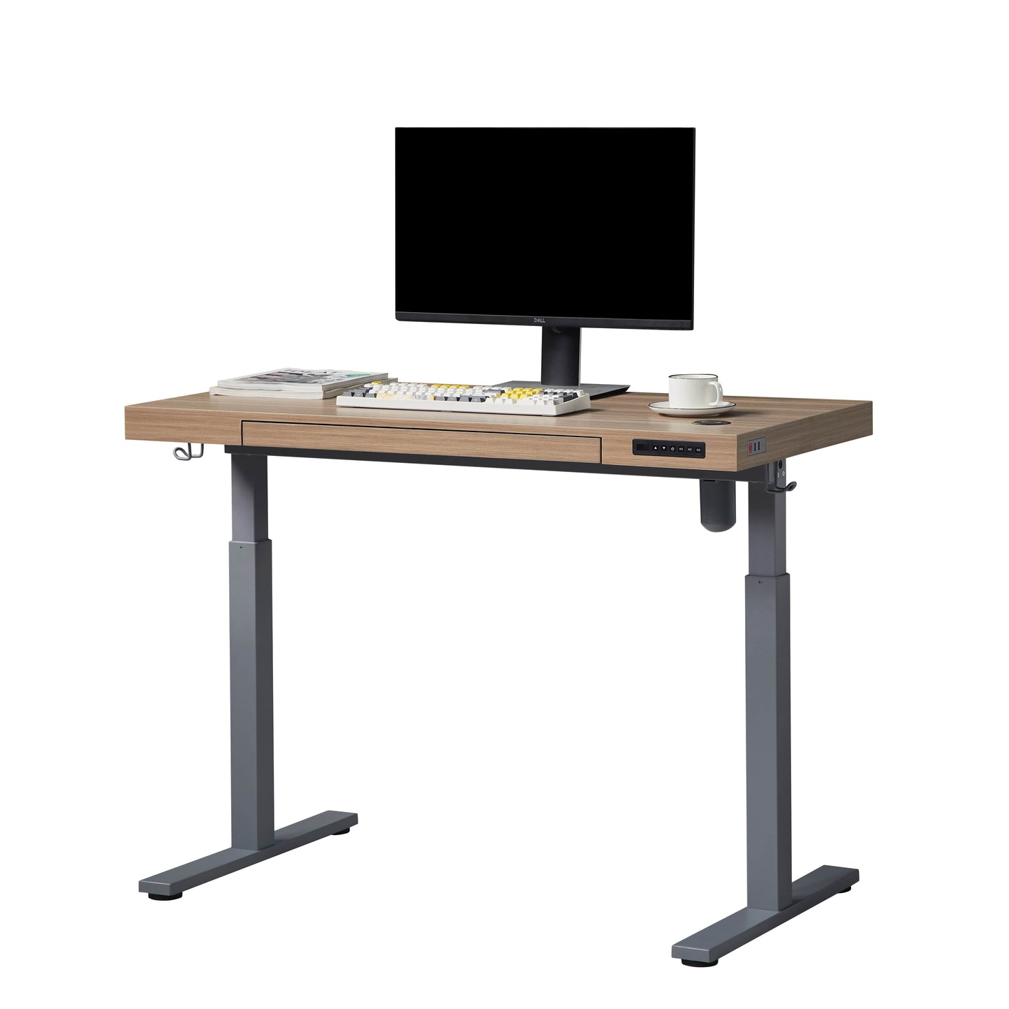 KOWO Electric Height Adjustable Standing Desk with Drawer, 48" Home Office Wooden Computer Desk Ergonomic Memory Control Workstation Sit Stand Desk, Greige/Grey