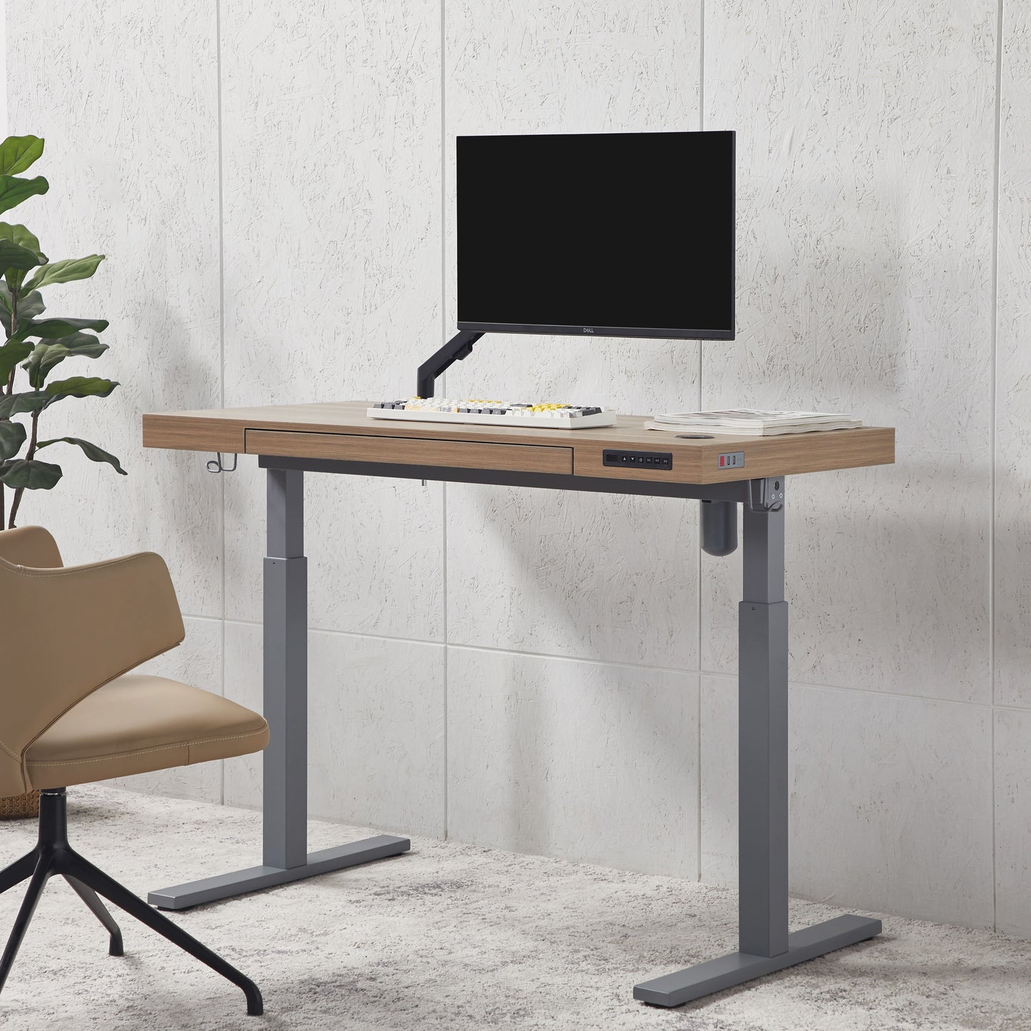 KOWO Electric Height Adjustable Standing Desk with Drawer, 48" Home Office Wooden Computer Desk Ergonomic Memory Control Workstation Sit Stand Desk, Greige/Grey